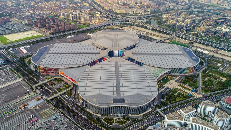 An aerial view of the National Exhibition and Convention Center (Shanghai) in east China's Shanghai, November 2, 2021. /Xinhua