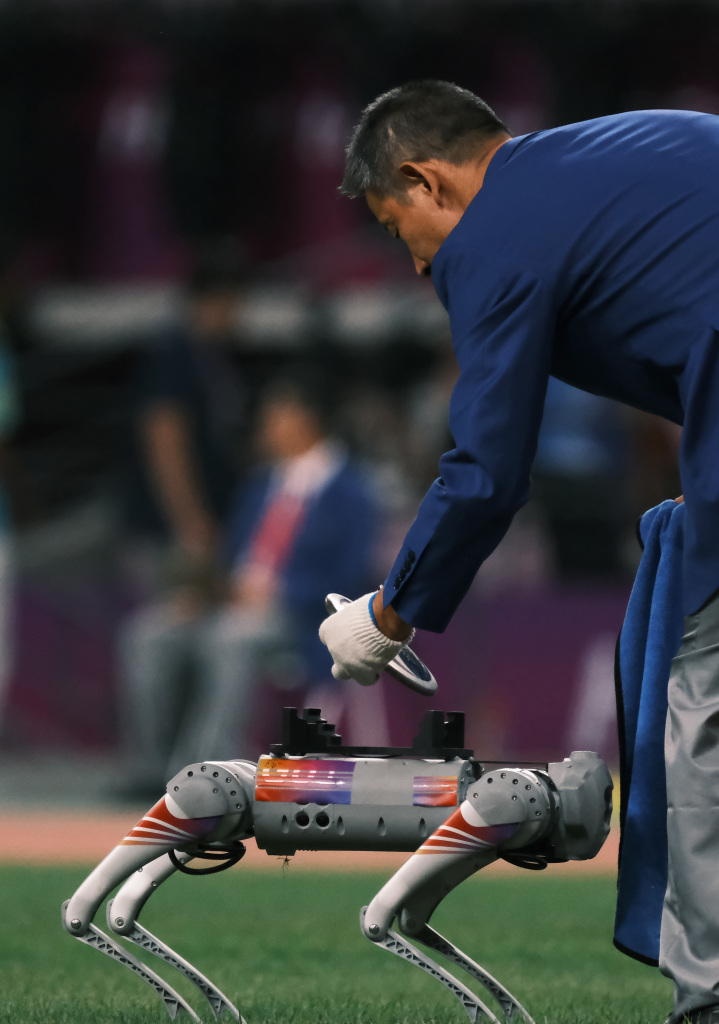 Robot dogs are photographed carrying discuses for the athletes at the 19th Asian Games in Hangzhou, east China's Zhejiang Province, October 2, 2023. /CFP