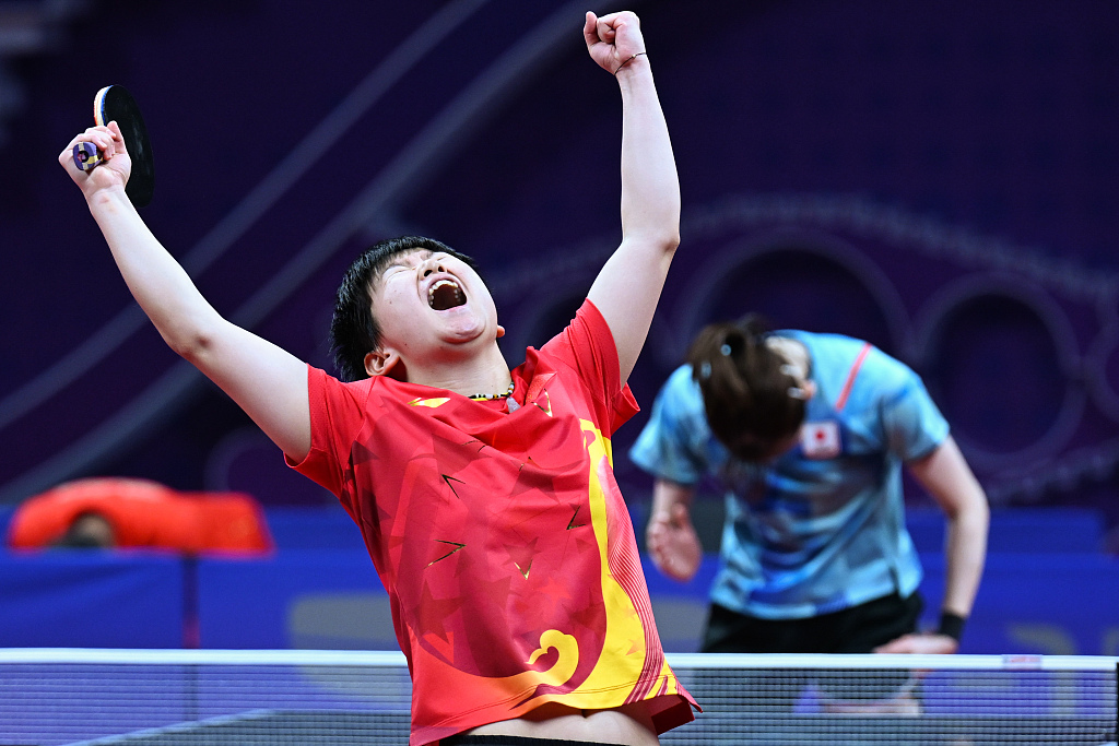 Sun Yingsha of China celebrates after winning the table tennis women's singles title during the 19th Asian Games in Hangzhou, China, October 1, 2023. /CFP