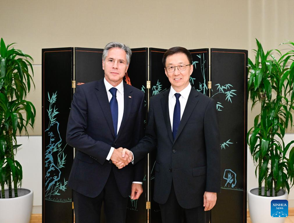 Chinese Vice President Han Zheng meets with U.S. Secretary of State Antony Blinken on the margins of the General Debate of the 78th session of the United Nations General Assembly in New York, United States, September 18, 2023. /Xinhua
