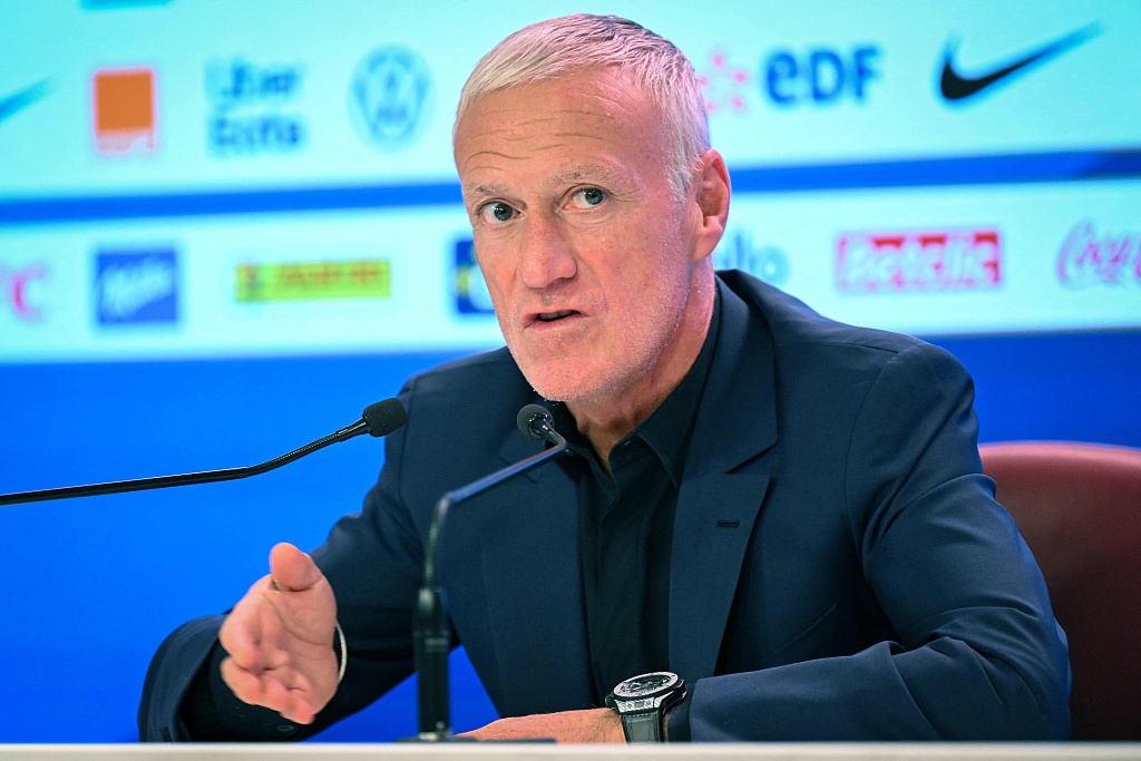Didier Deschamps, manager of France, speaks at the press conference at the French Football Federation headquarters in Paris, France, October 5, 2023. /CFP