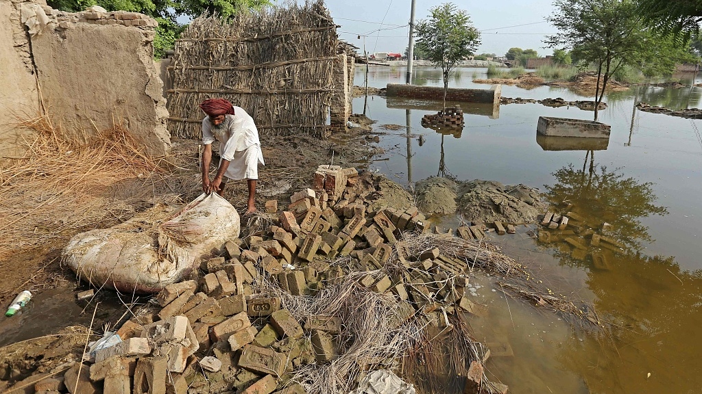 A farmer collected his belongings in a flood-affected area in Bahawalnagar of Punjab, Pakistan, August 27, 2023. /CFP