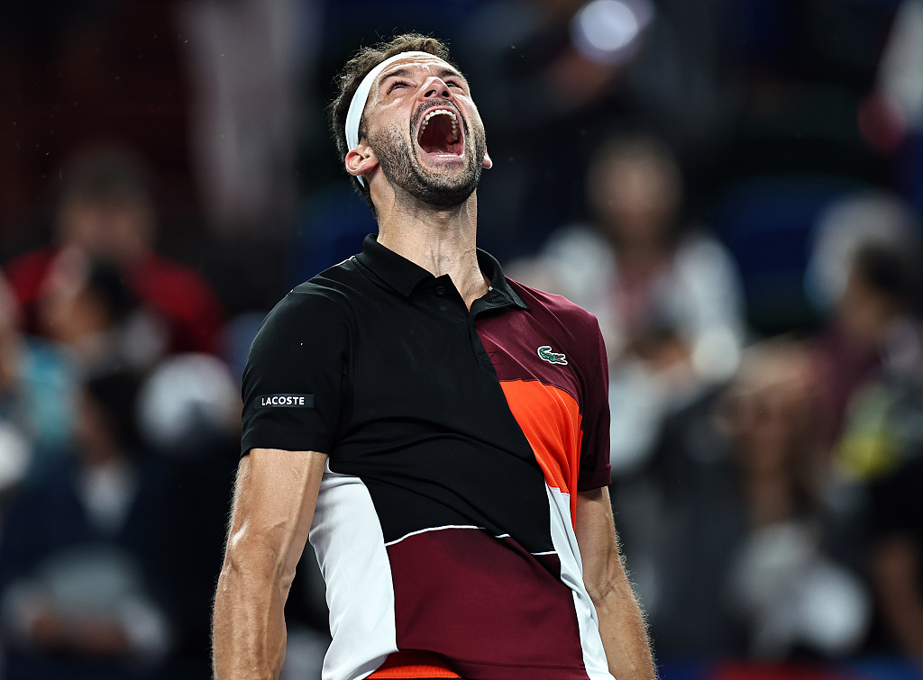 Grigor Dimitrov reacts after winning a point during the Shanghai Masters in Shanghai, China, October 11, 2023. /CFP