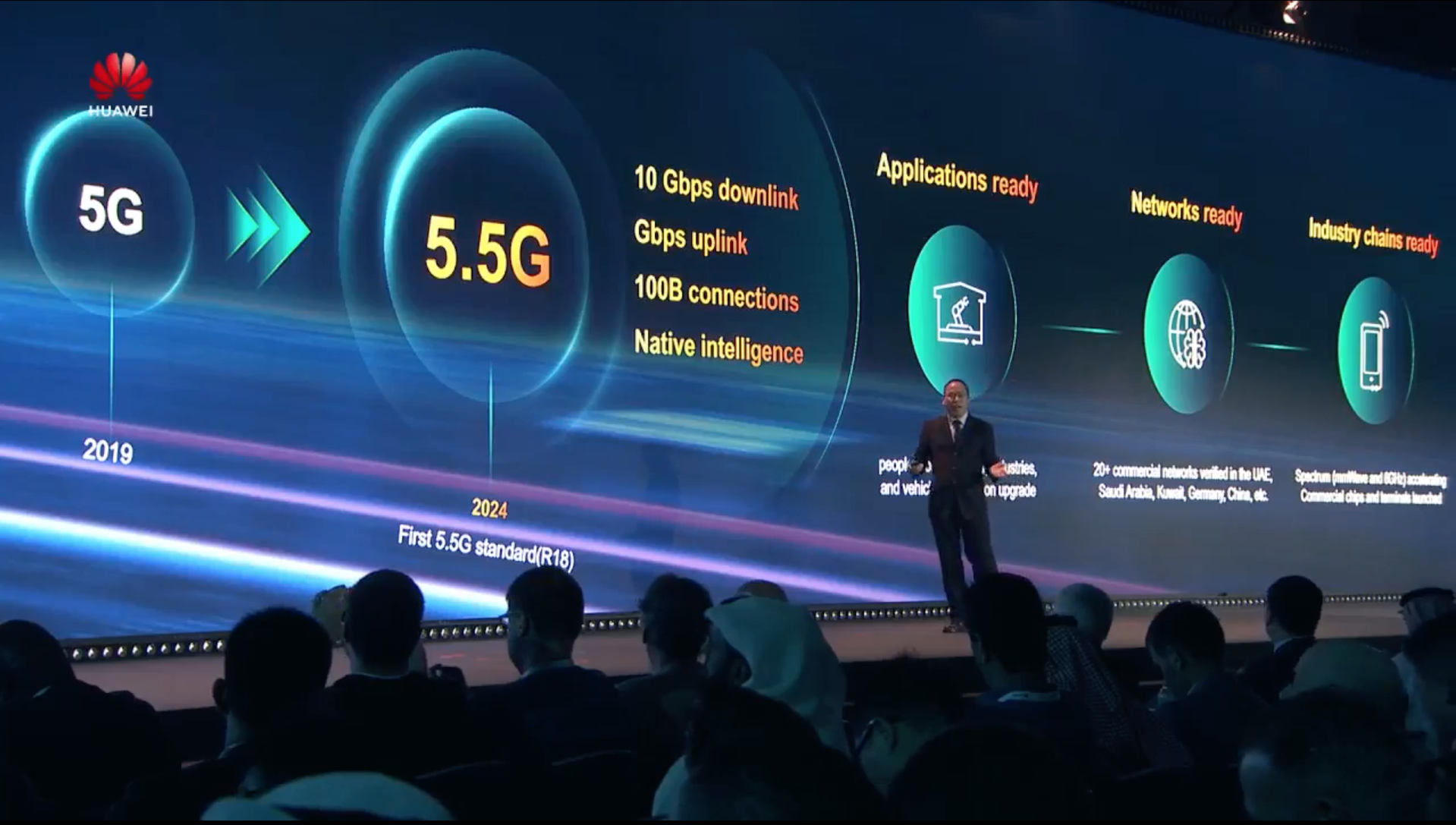 Cao Ming, president of Huawei's wireless solutions, speaks at the 14th Global Mobile Broadband Forum (MBBF) in Dubai, United Arab Emirates, October 11, 2023. /Huawei