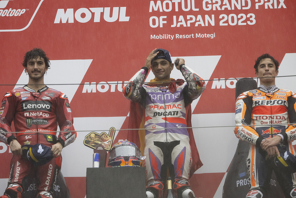 L-R: Francesco Bagnaia of Ducati, Jorge Martin of Pramac Racing and Marc Marquez of Honda celebrate on the podium after the MotoGP race in Motegi, Japan, October 1, 2023. /CFP