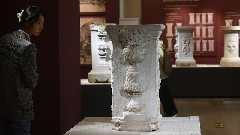 A visitor looks at one of the seven pillars looted by foreign troops from  the Old Summer Palace in Beijing, October 13, 2023. /CFP