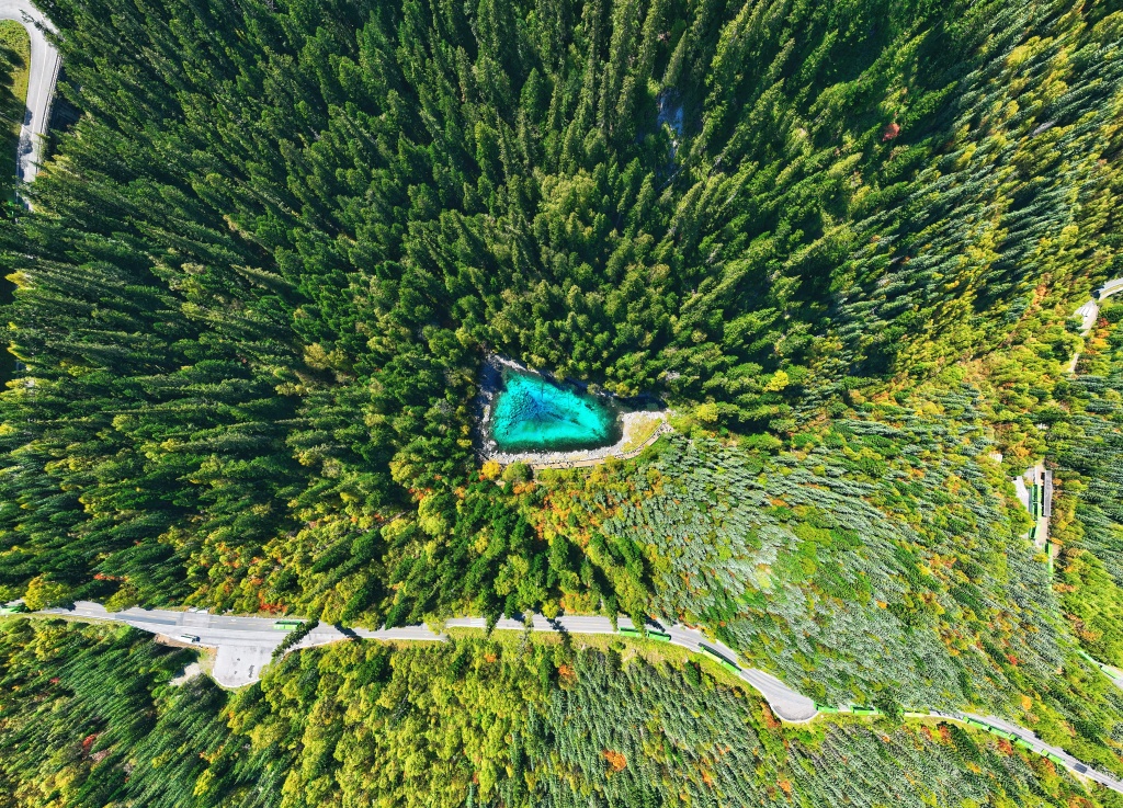 An aerial view of a lake at Jiuzhaigou scenic spot in Jiuzhaigou County, Sichuan Province, September 29, 2023. /CFP