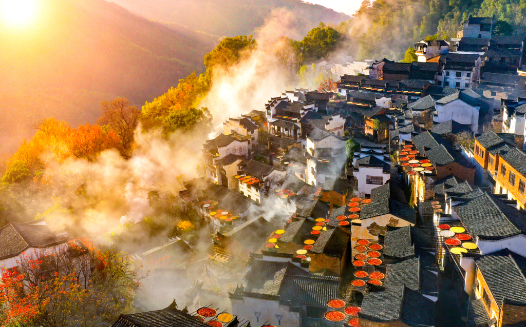 An aerial view of an autumn crop-drying scene in Wuyuan County, Shangrao City, Jiangxi Province. /File Photo: CFP