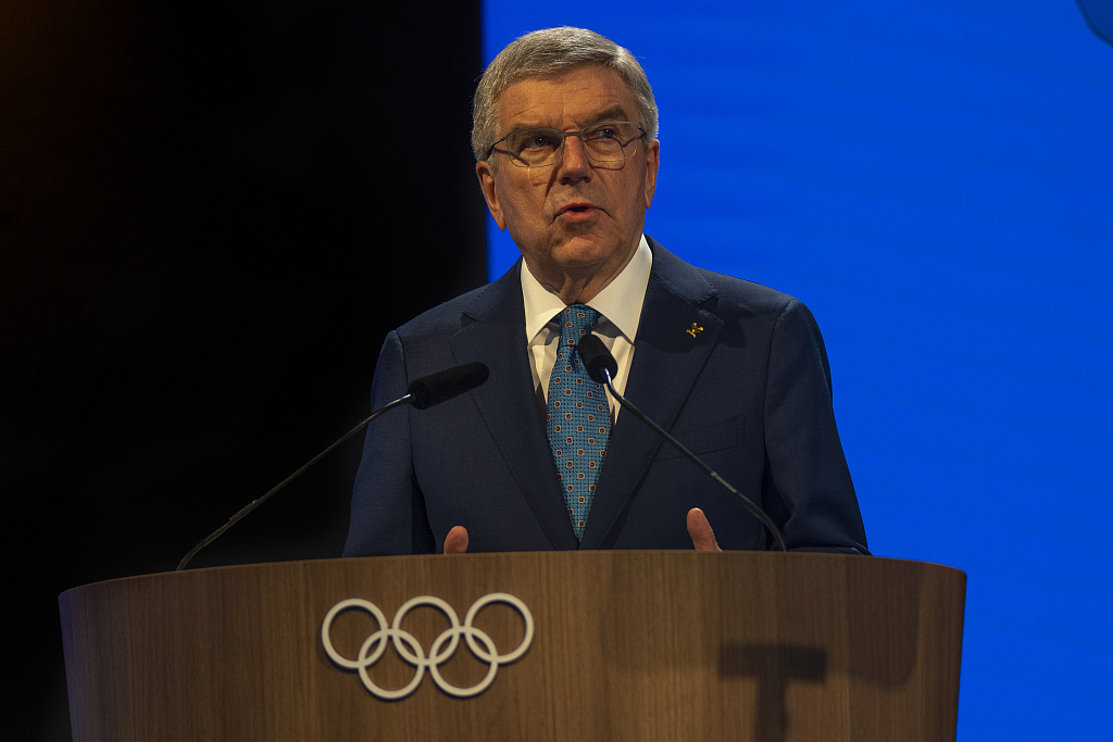 Thomas Bach, president of the International Olympic Committee (IOC), speaks at the 141st IOC session in Mumbai, India, October 14, 2023. /CFP