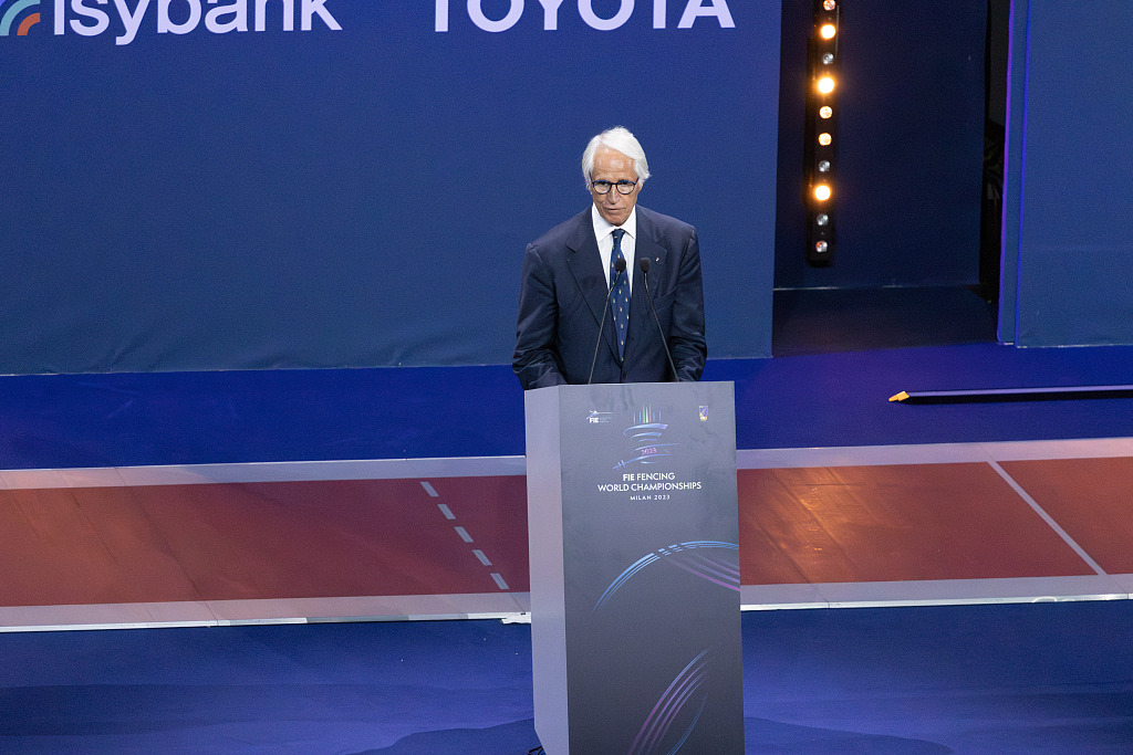 Giovanni Malago, president of the Italian Olympic Committee, speaks during the Fencing World Championships in Milan, Italy, July 25, 2023. /CFO