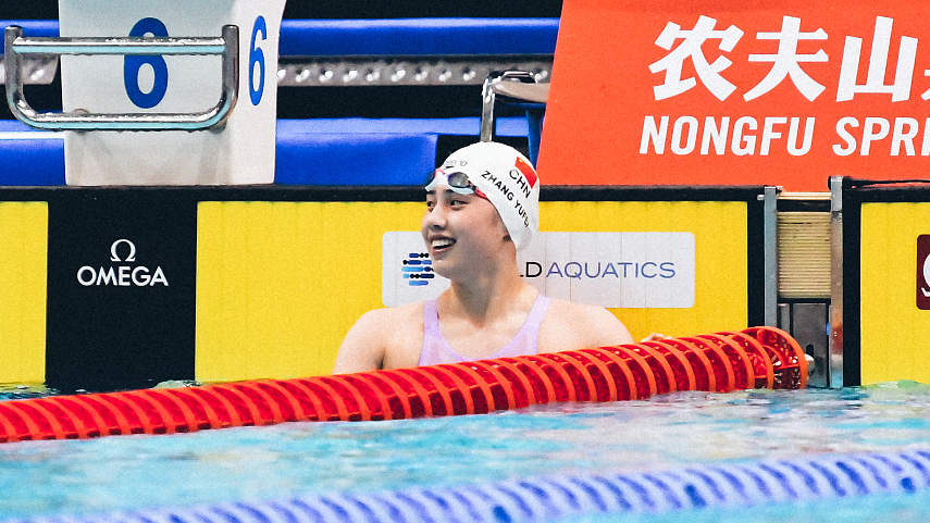 Zhang Yufei seen after winning the women's 100m butterfly final at the FINA World Cup series in Athens, Greece, October 15, 2023. /CFP