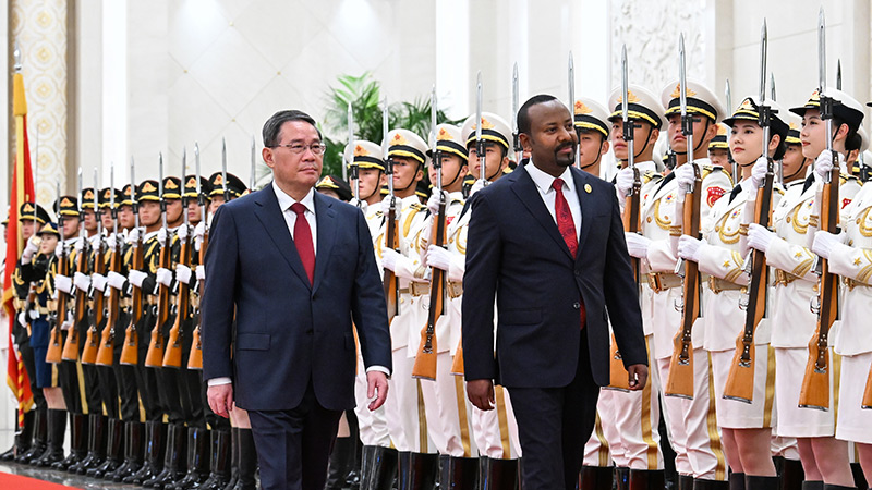 Chinese Premier Li Qiang holds a welcome ceremony for Ethiopian Prime Minister Abiy Ahmed in Beijing, China, October 16, 2023. /Xinhua