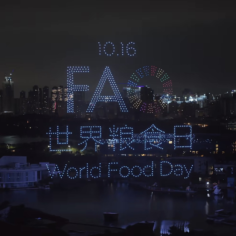 Drones spell out 'World Food Day' in Chinese and English in the sky above Shenzhen City, Guangdong Province, October 15, 2023. /CFP 