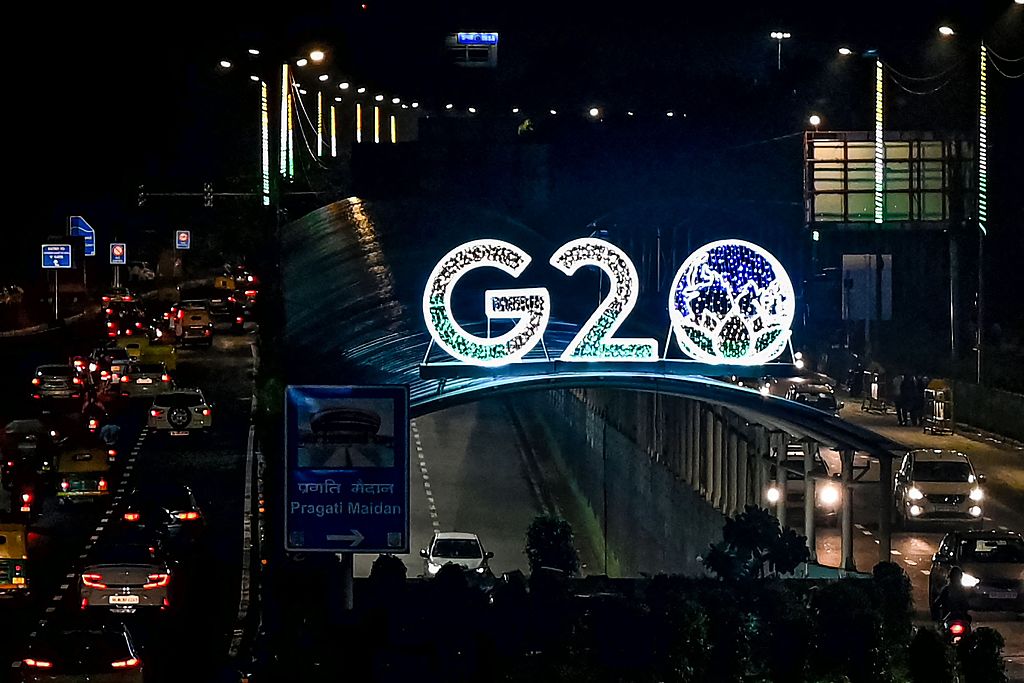 A logo of the New Delhi G20 summit is seen along a road in New Delhi, India, August 10, 2023. /CFP
