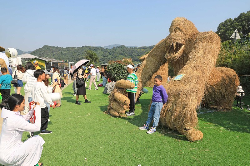 Visitors take photos with artistic scarecrow installations in Zhoushan City, Zhejiang Province, October 15, 2023. /CFP