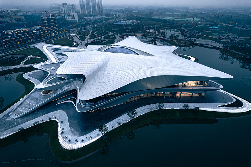 The photo, taken on October 16, 2023, shows the futuristic exterior of the Chengdu Science Museum, the venue for the 81st World Science Fiction Convention, in Chengdu City, Sichuan Province. /CFP