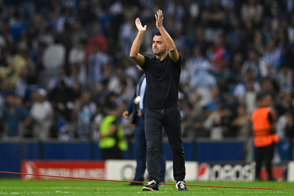 Xavi Hernandez, manager of Barcelona, reacts after the 1-0 win over Porto in the UEFA Champions League group game at the Dragao Stadium in Porto, Portugal, October 4, 2023. /CFP