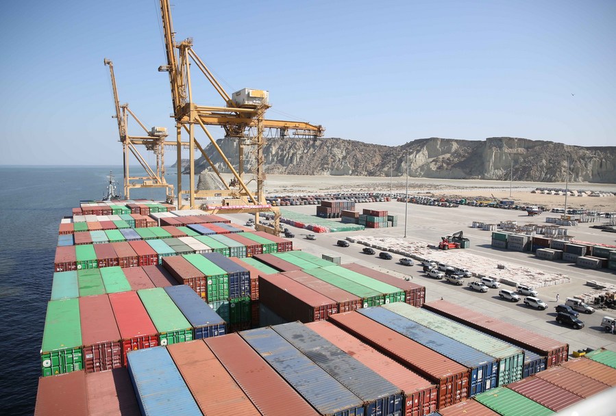 COSCO Wellington cargo vessel with containers moored at Gwadar port, Pakistan. /Xinhua
