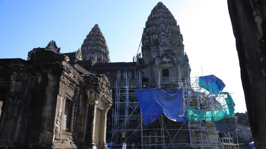 The restoration site of the central tower of Angkor Wat in Siem Reap province, Cambodia, January 6, 2022. /Xinhua