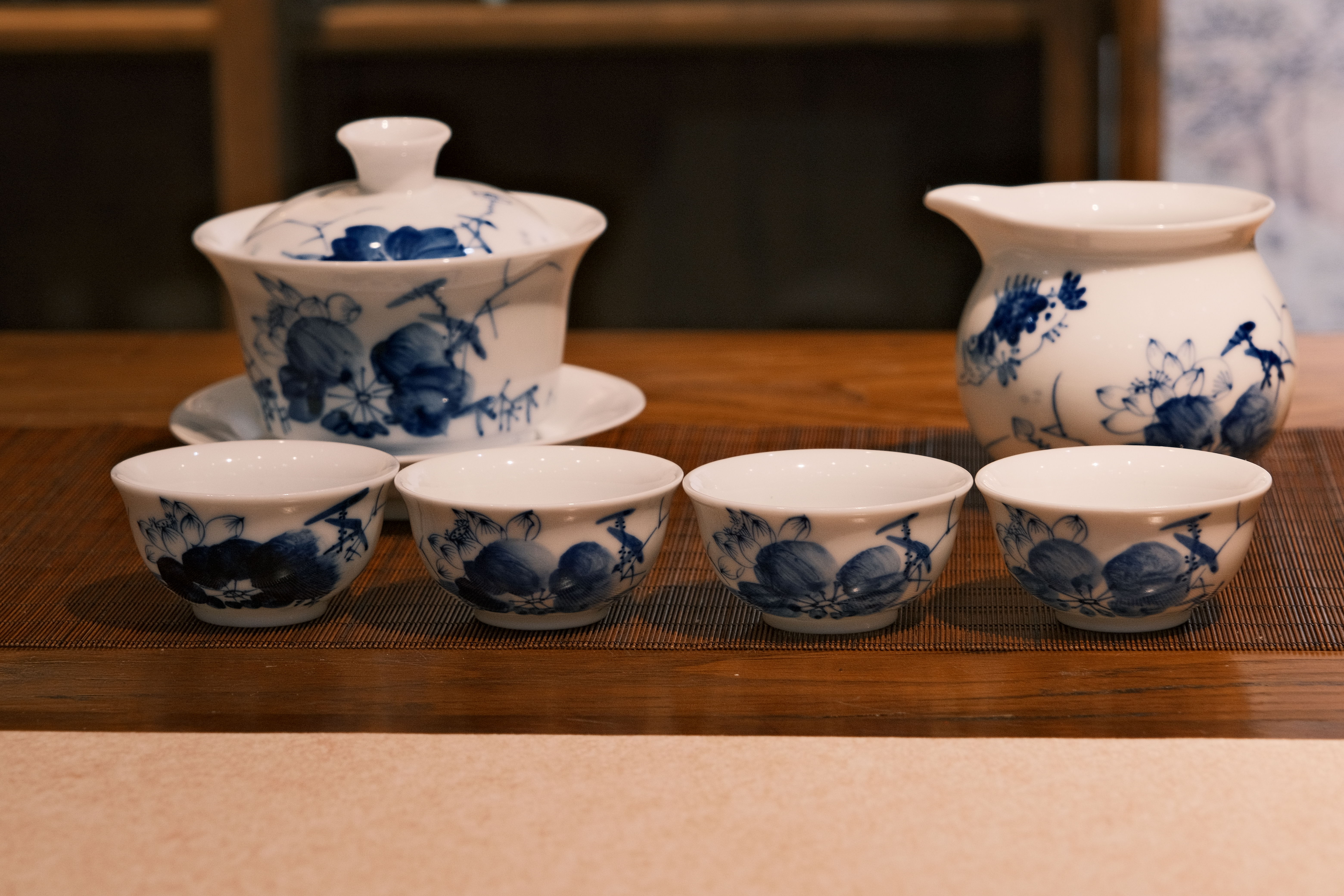 A blue and white porcelain tea set made in Jingdezhen, China's 