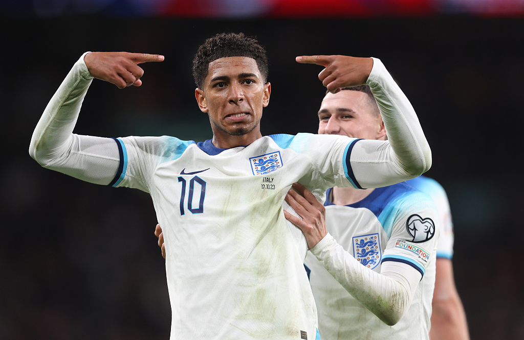 England's Jude Bellingham celebrates after his side scored their second goal during their clash with Italy at Wembley Stadium in London, England, October 17, 2023. /CFP