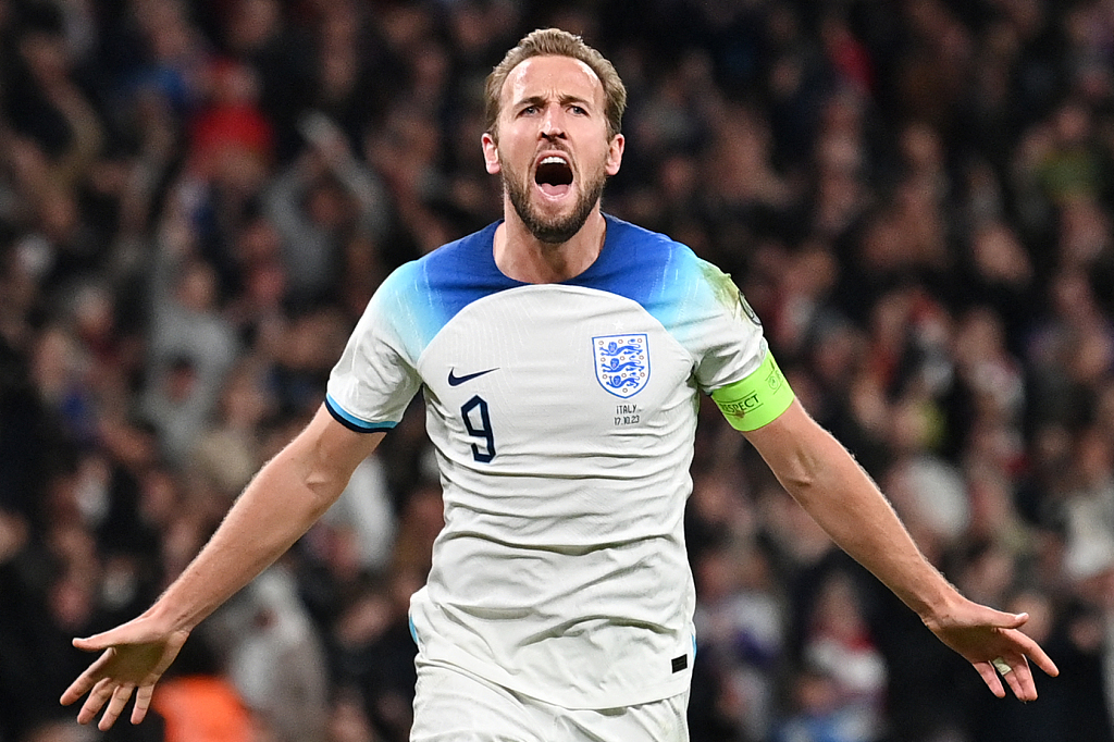 England's Harry Kane reacts after scoring his team's third goal during their clash with Italy at Wembley Stadium in London, England, October 17, 2023. /CFP