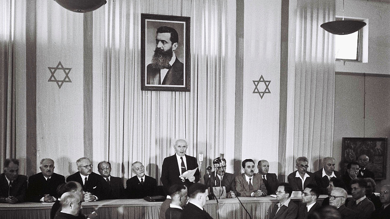 In this handout from the GPO, David Ben Gurion, who was to become Israel's first Prime Minister, reads the Declaration of Independence on May 14, 1948 at the museum in Tel Aviv, during the ceremony founding the State of Israel. /CFP