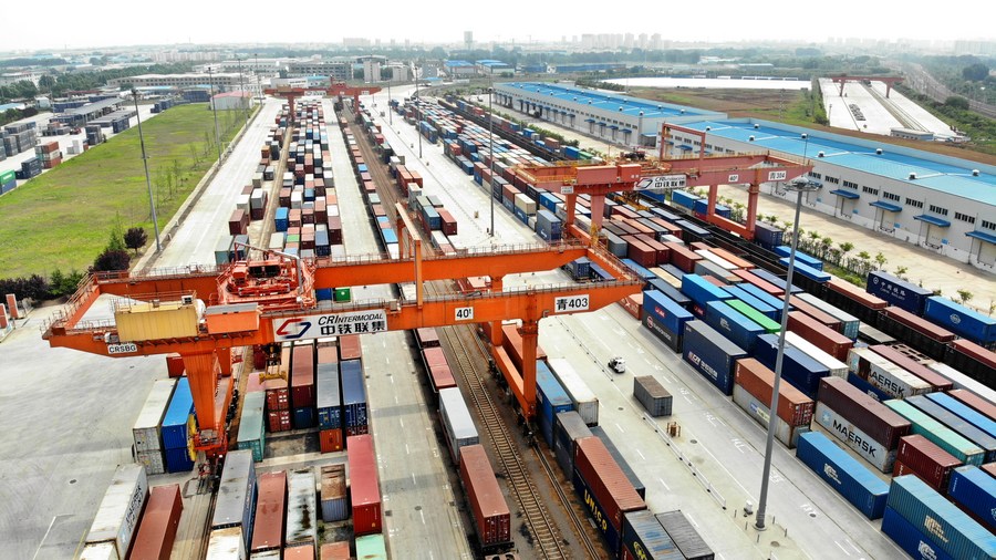 A multimodal transport center in the China-SCO Local Economic and Trade Cooperation Demonstration Area (SCODA) in Qingdao, east China's Shandong Province, June 1, 2023. /Xinhua