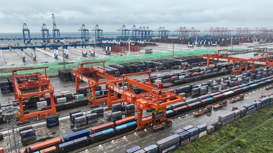 An aerial view of an automatic container terminal of Qinzhou Port and a railway container distribution center in Qinzhou City, south China's Guangxi Zhuang Autonomous Region, May 11, 2023. /Xinhua