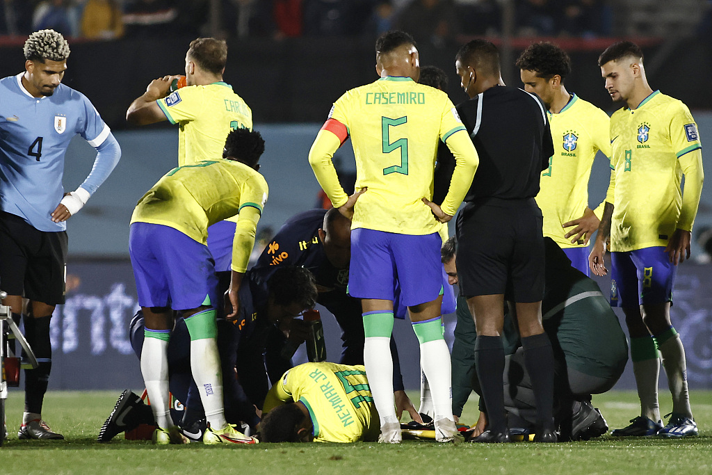 Neymar of Brazil lies on the pitch after being injured during their clash with Uruguay at Centenario Stadium in Montevideo, Uruguay, October 17, 2023. /CFP