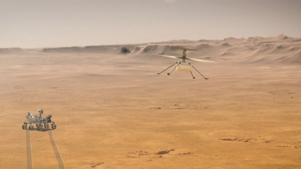 Ingenuity Mars helicopter attempts its first test flight on Mars near NASA's Perseverance rover in an undated illustration provided by Jet Propulsion Laboratory in Pasadena, California, U.S. /Reuters