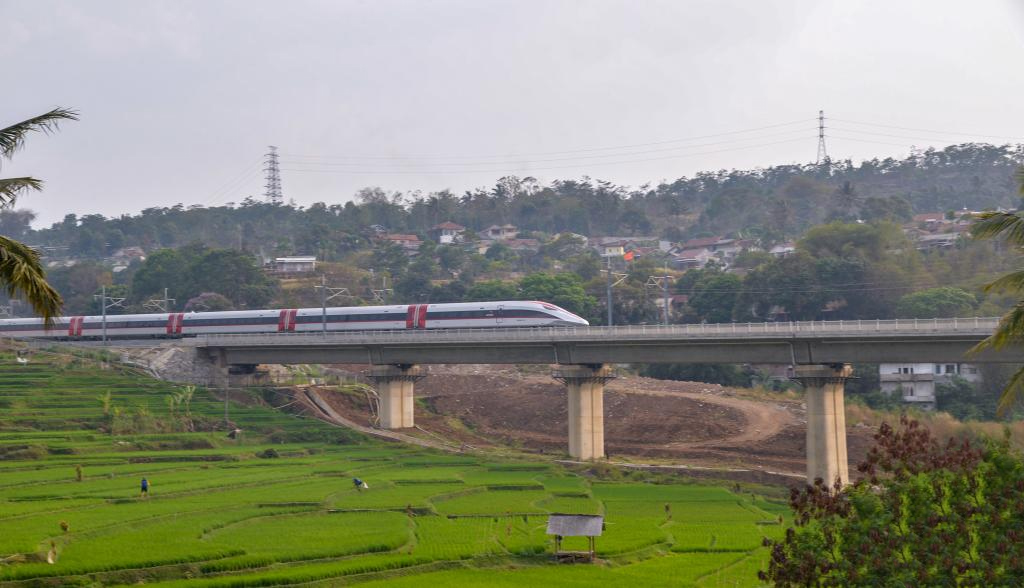 A high-speed electrical multiple unit (EMU) train running on the Jakarta-Bandung High-Speed Railway in Padalarang, Indonesia, October 16, 2023. /Xinhua