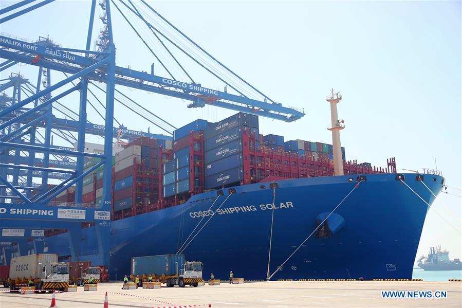 Chinese container ship SOLAR is seen at CSP Abu Dhabi Terminal of Khalifa Port in Abu Dhabi, the United Arab Emirates, May 25, 2019. /Xinhua