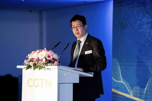 Chinese Consul General in Frankfurt Huang Yiyang delivers a speech at CGTN's launching ceremony of 