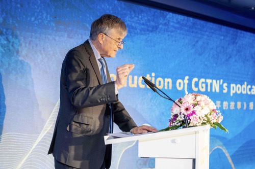 Michael Borchmann, former Director General of the International Affairs Department in Hesse Staten, delivers a speech at CGTN's launching ceremony of 