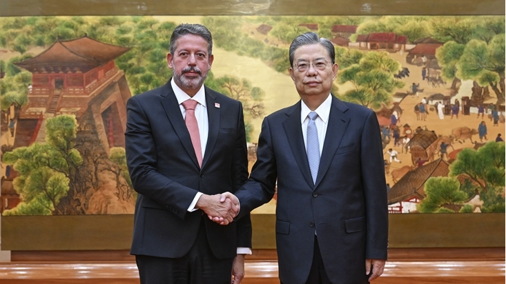 Zhao Leji (R), chairman of the National People's Congress Standing Committee, meets with Arthur Lira, president of Brazil's Chamber of Deputies, in Beijing, China, October 20, 2023. /Xinhua