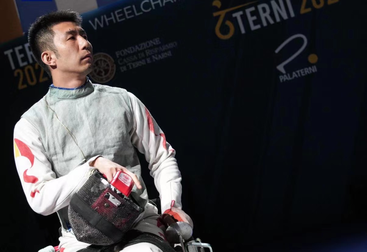Sun Gang of China looks on at the Wheelchair Fencing World Championships in Terni, Italy, October 6, 2023. /CMG
