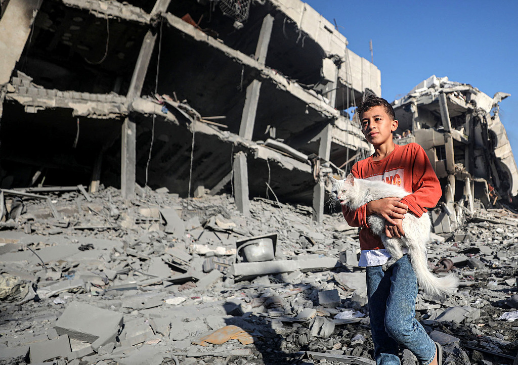 A child carries a cat among destroyed buildings and roads after Israeli airstrikes in Al-Zahra region in Gaza City, October 20, 2023. /CFP