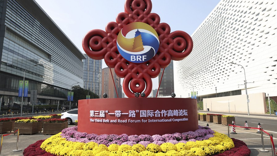 A decoration for the third Belt and Road Forum for International Cooperation near the China National Convention Center in Beijing, capital of China, October 17, 2023. /Xinhua
