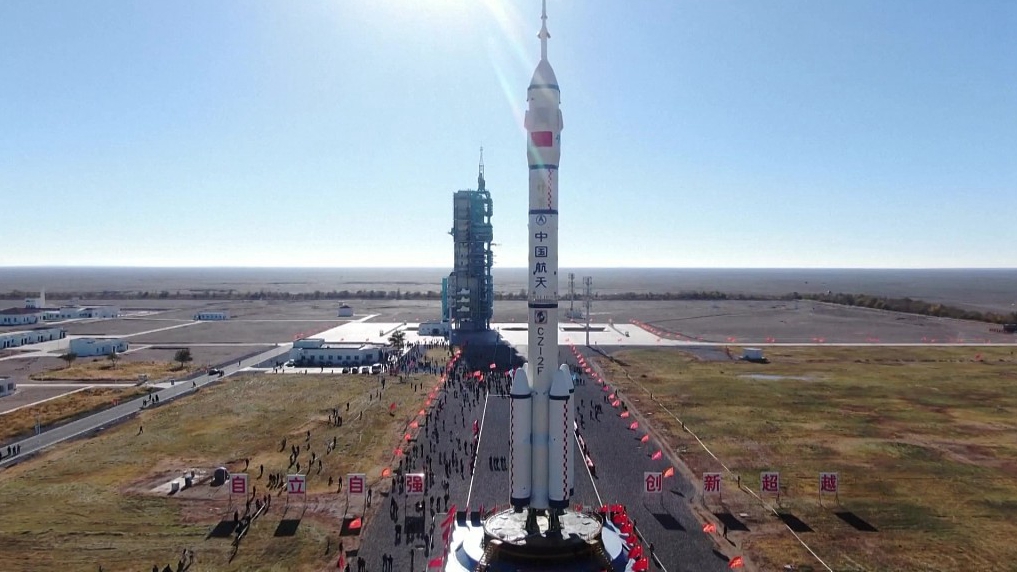 The combination of the Shenzhou-17 manned spaceship and a Long March-2F carrier rocket was transferred to the launching area, northwest China's Jiuquan Satellite Launch Center, October 19, 2023. /CFP