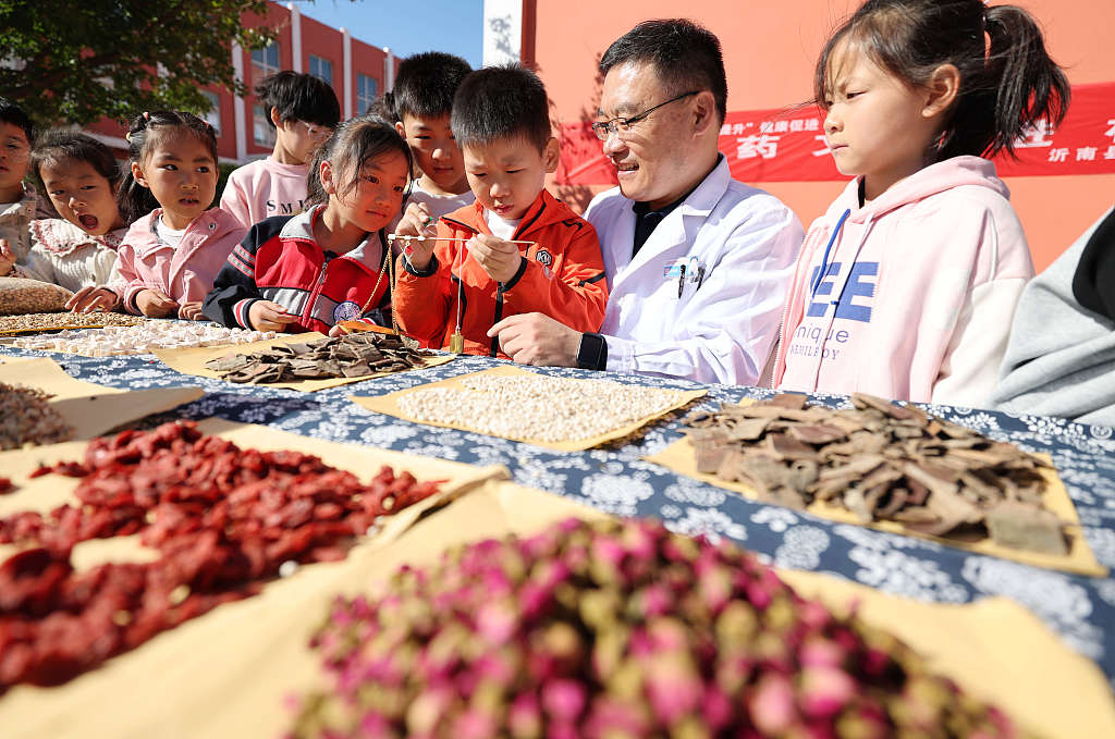 Students learn to dispense traditional Chinese medicinal ingredients under professional supervision as part of a TCM-themed campus activity in Linyi, east China's Shandong Province, October 20, 2023. /CFP