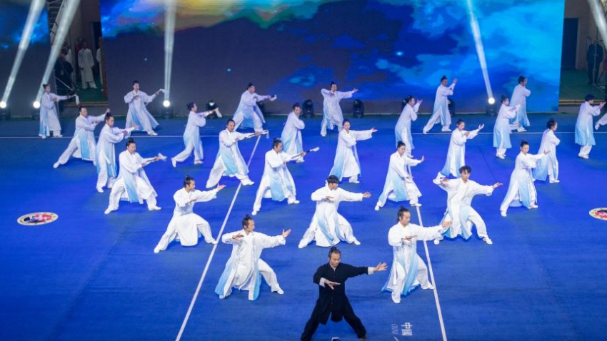 Participants perform Tai Chi during the 7th Wudang Tai Chi International Fellowship Competition in Shiyan, China's Hubei Province, on October 22, 2023. /CFP