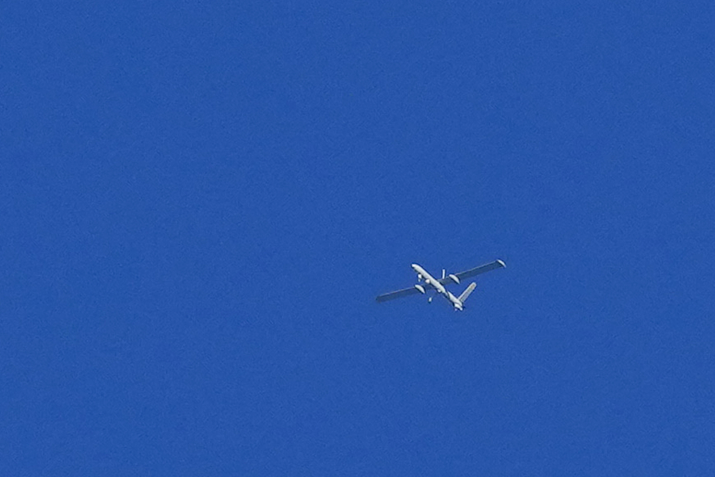 An Israeli reconnaissance drone flies over Lebanon, as seen from Tair Harfa village, a Lebanese border village with Israel, south Lebanon, October 20, 2023. /CFP
