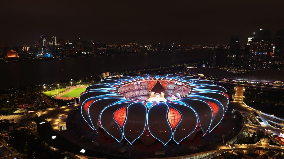 Hangzhou Olympic Sports Center Stadium is lighted during the opening ceremony of the 19th Asian Games in Hangzhou, east China's Zhejiang Province, September 23, 2023. /Xinhua