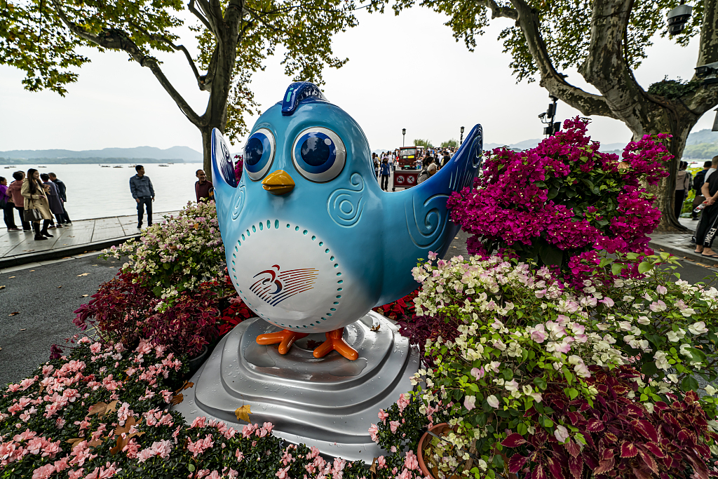 A photo taken on October 14, 2023, shows Asian Para Games mascot Feifei near the West Lake in Hangzhou, Zhejiang Province. /CFP