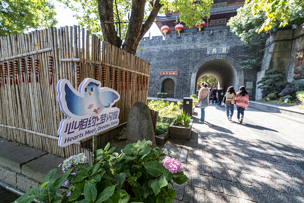 A photo taken on October 21, 2023, shows Asian Para Games mascot Feifei on a street in the historical area of Hangzhou, Zhejiang Province. /CFP
