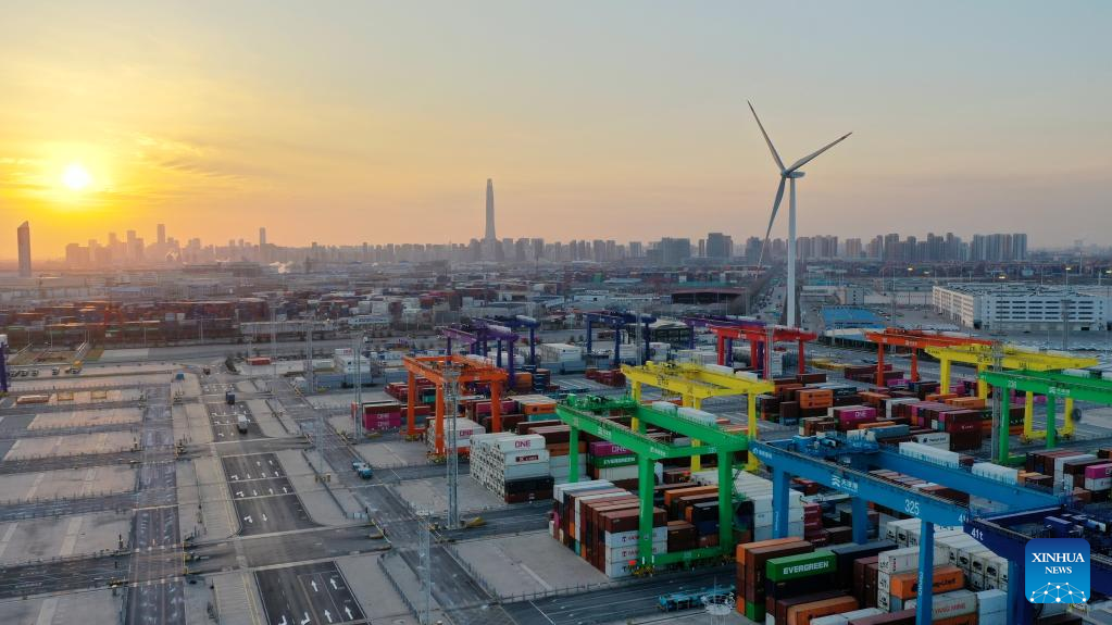 The aerial photo shows the full Internet of Things container terminal of Tianjin Port in north China's Tianjin Municipality, February 21, 2023. /Xinhua