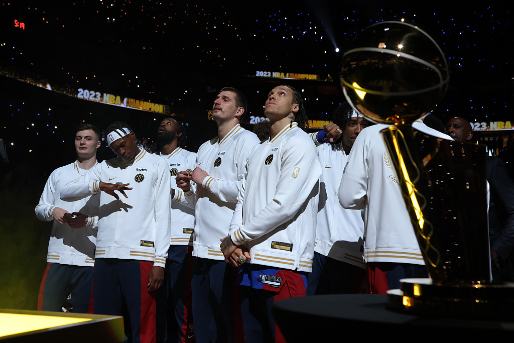 Players of the Denver Nuggets receive their NBA championship rings before the game against the Los Angeles Lakers at Ball Arena in Denver, Colorado, October 24, 2023. /CFP