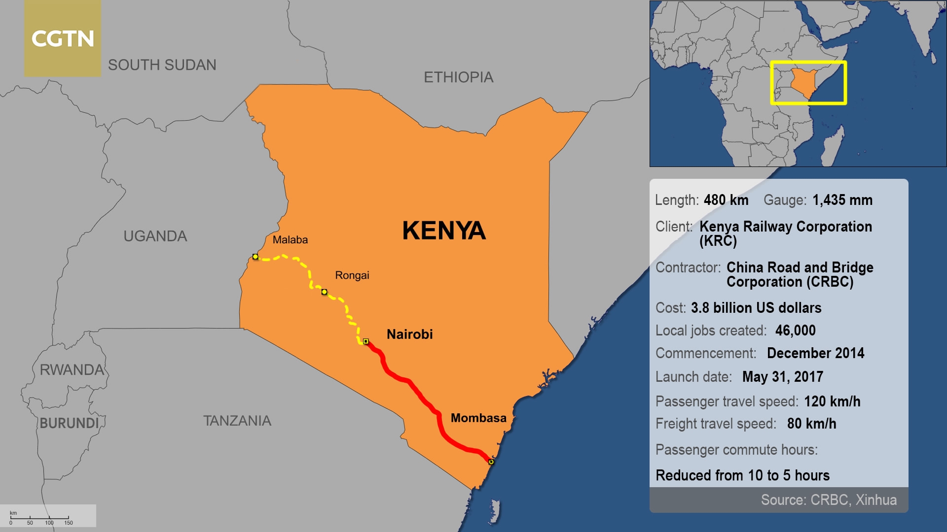 The route of the Mombasa-Nairobi Standard Gauge Railway (SGR) in Kenya. /CGTN