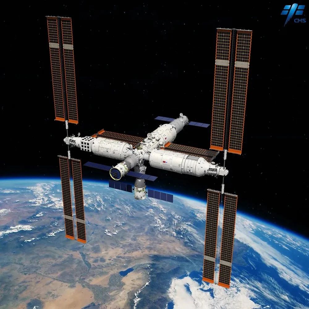 An illustration of China's space station assembly consisting of three modules and three spaceships. /CMSA